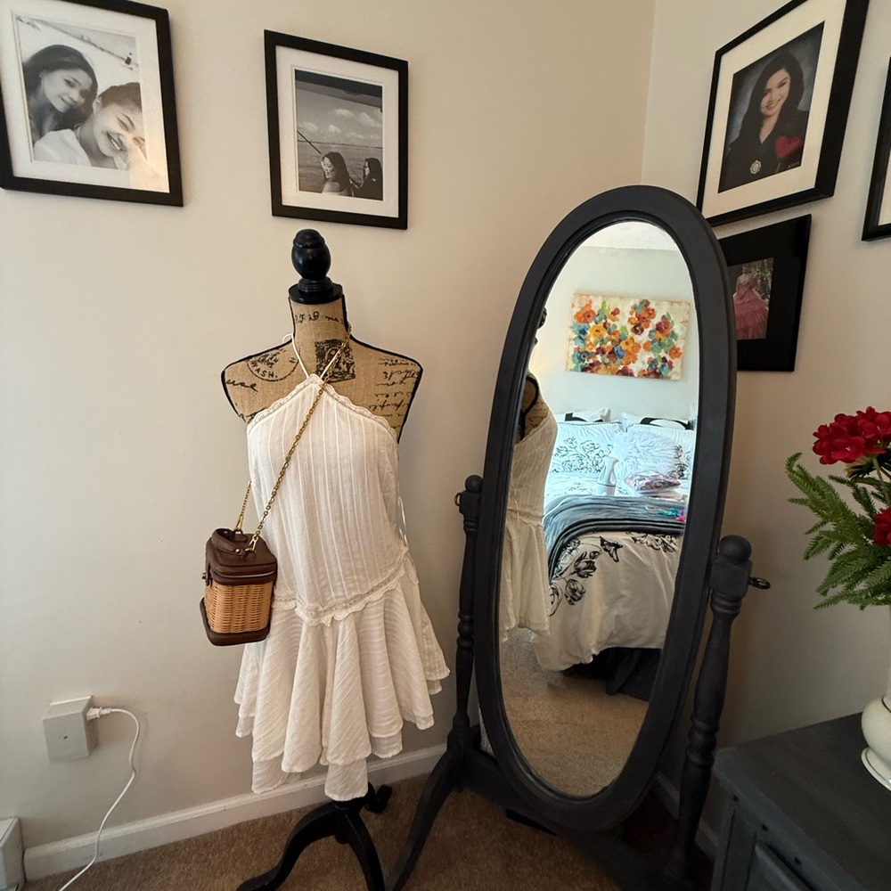 Zara Off-White Cotton Halter Backless Dress Flowy Ruffle Mini